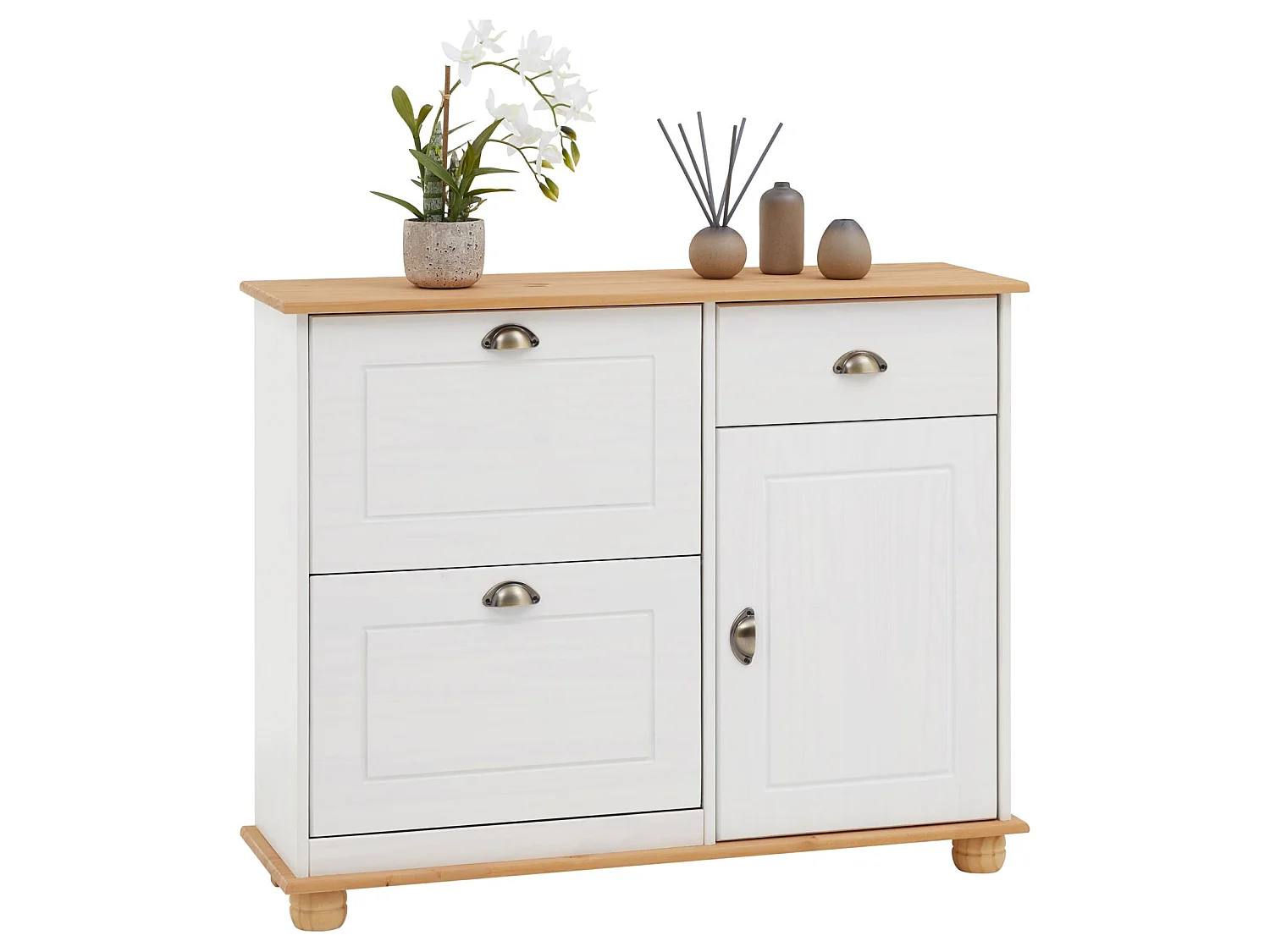 Meuble à chaussures COLMAR armoire rangement avec 2 abattants 1 tiroir et 1 porte avec 1 étagère, en pin massif lasuré blanc et brun