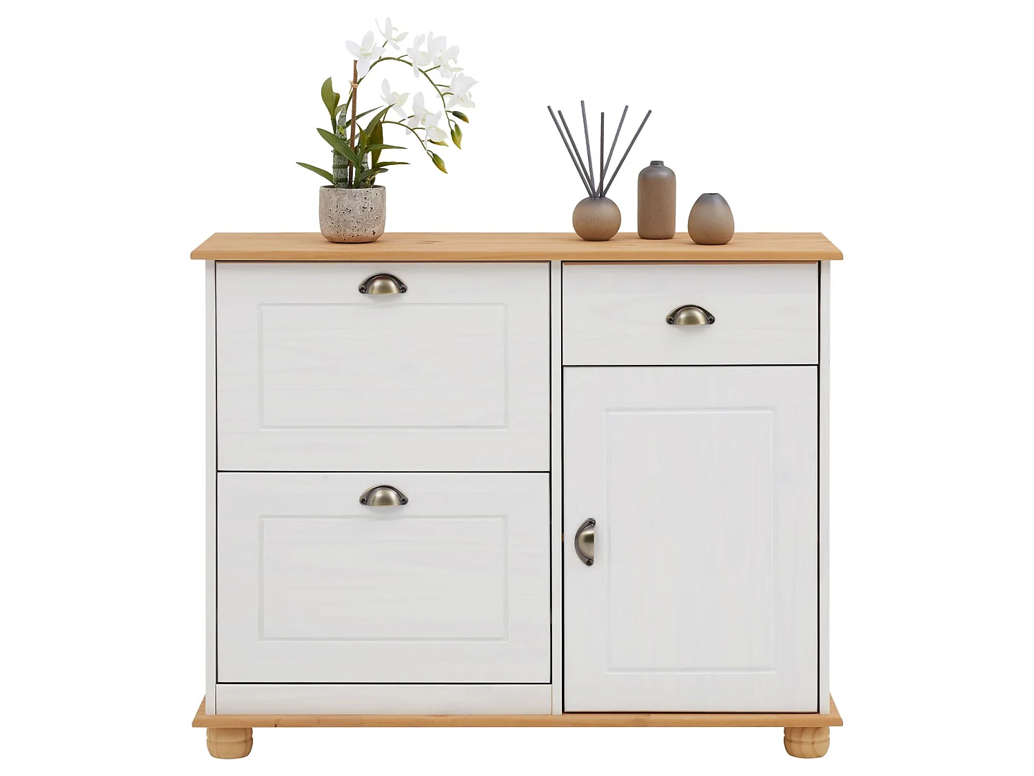 Meuble à chaussures COLMAR armoire rangement avec 2 abattants 1 tiroir et 1 porte avec 1 étagère, en pin massif lasuré blanc et brun