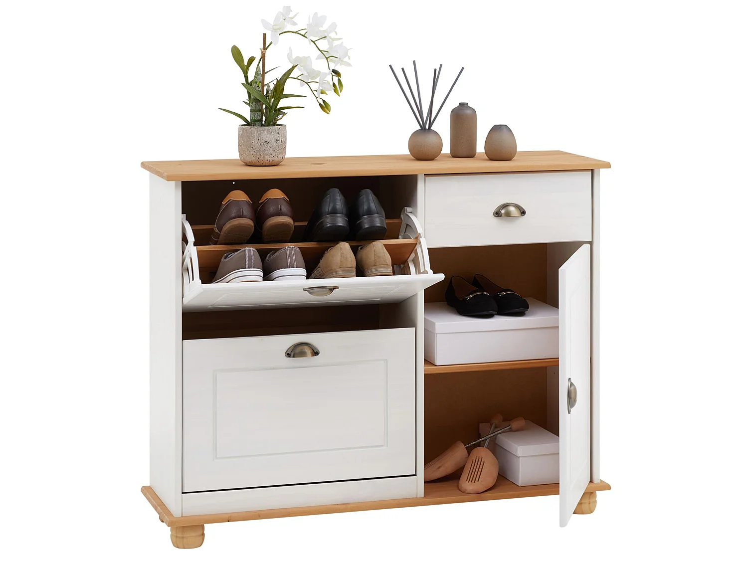 Meuble à chaussures COLMAR armoire rangement avec 2 abattants 1 tiroir et 1 porte avec 1 étagère, en pin massif lasuré blanc et brun