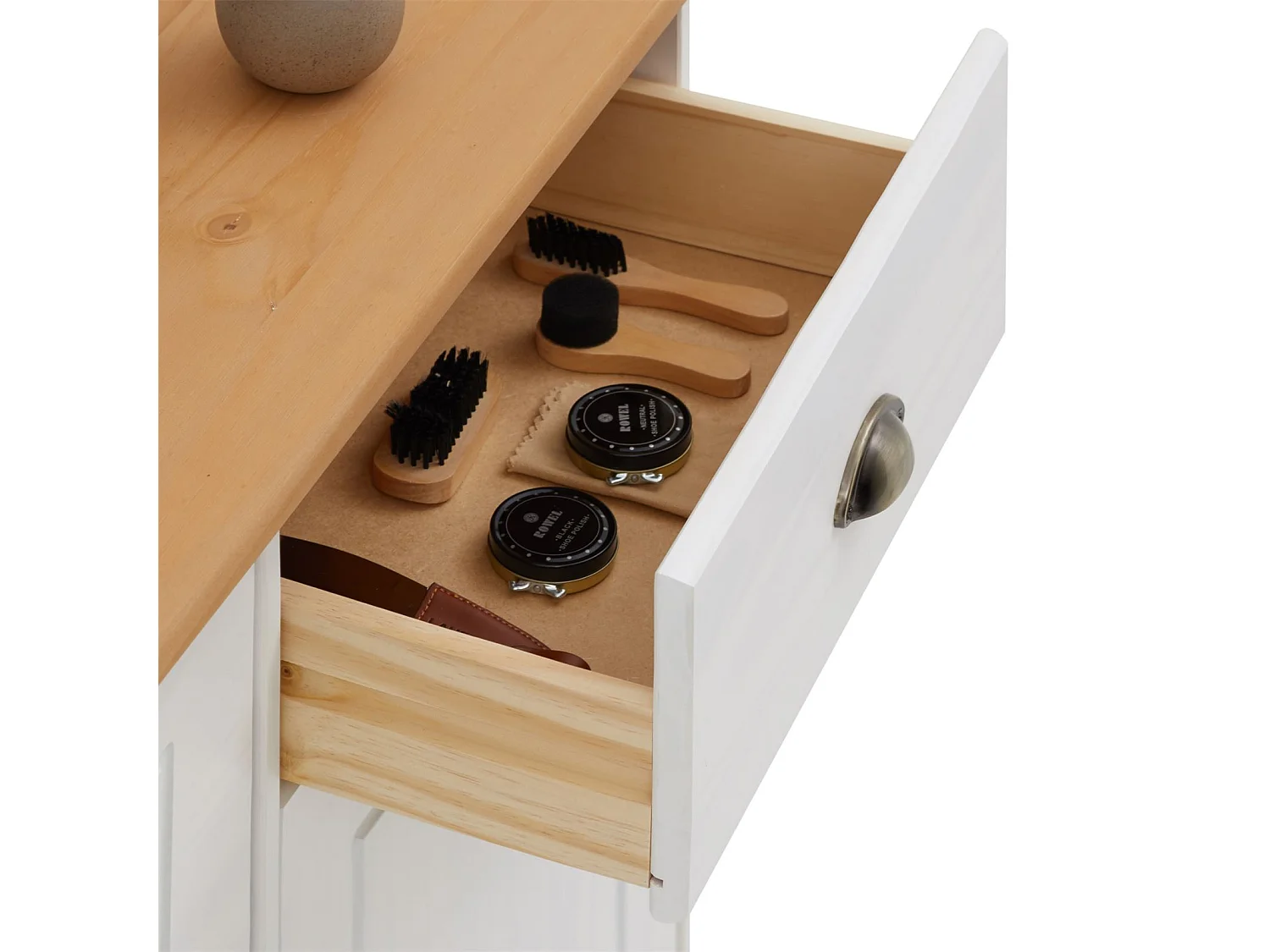 Meuble à chaussures COLMAR armoire rangement avec 2 abattants 1 tiroir et 1 porte avec 1 étagère, en pin massif lasuré blanc et brun