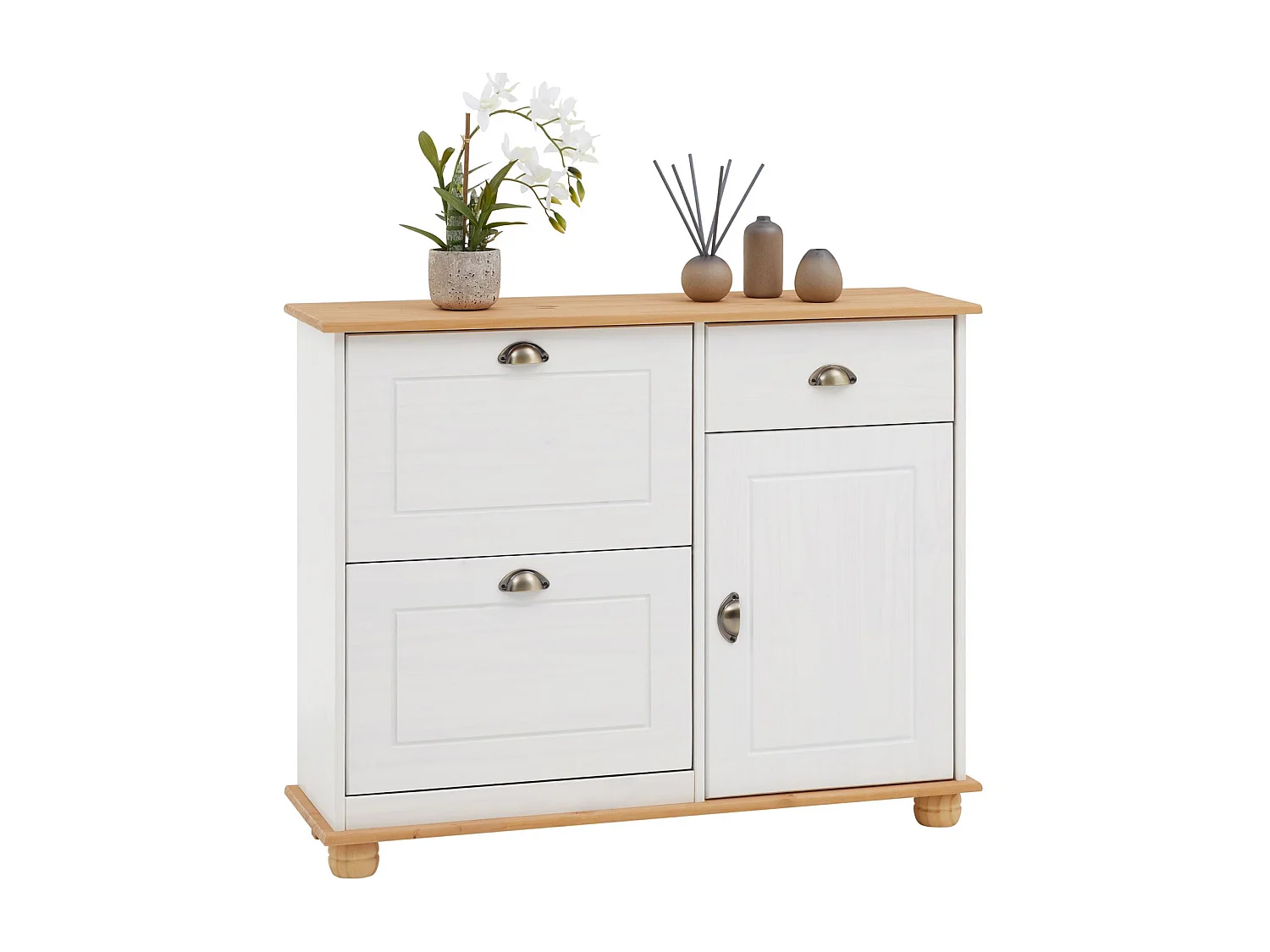 Meuble à chaussures COLMAR armoire rangement avec 2 abattants 1 tiroir et 1 porte avec 1 étagère, en pin massif lasuré blanc et brun