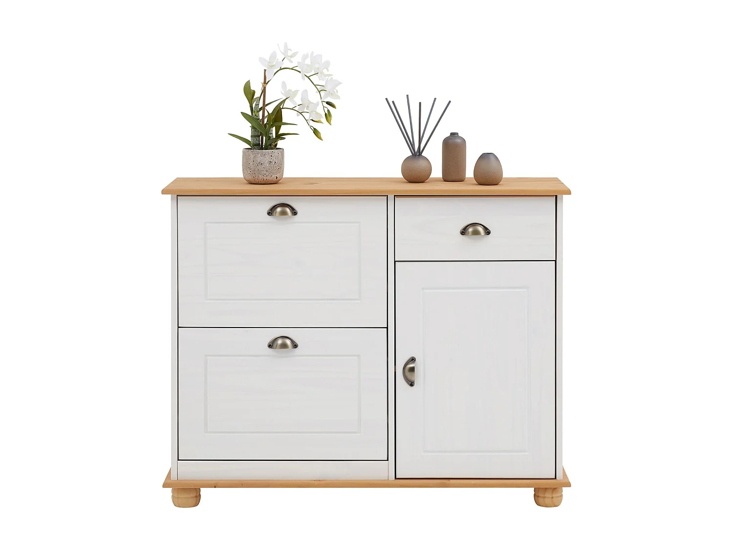 Meuble à chaussures COLMAR armoire rangement avec 2 abattants 1 tiroir et 1 porte avec 1 étagère, en pin massif lasuré blanc et brun