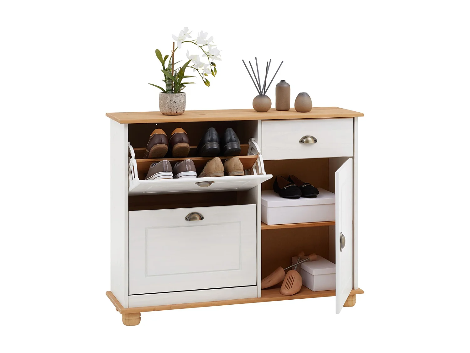 Meuble à chaussures COLMAR armoire rangement avec 2 abattants 1 tiroir et 1 porte avec 1 étagère, en pin massif lasuré blanc et brun