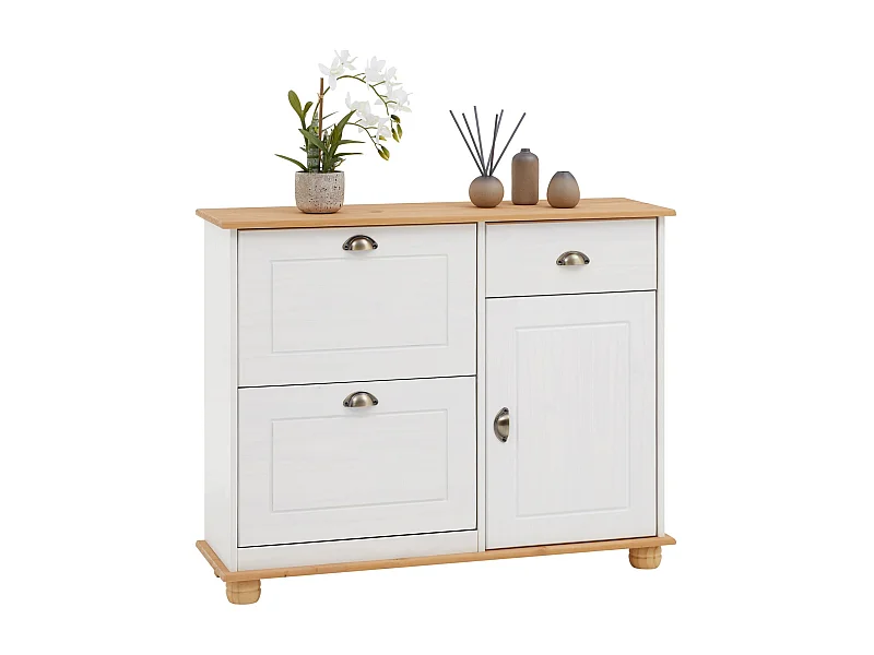 Meuble à chaussures COLMAR armoire rangement avec 2 abattants 1 tiroir et 1 porte avec 1 étagère, en pin massif lasuré blanc et brun