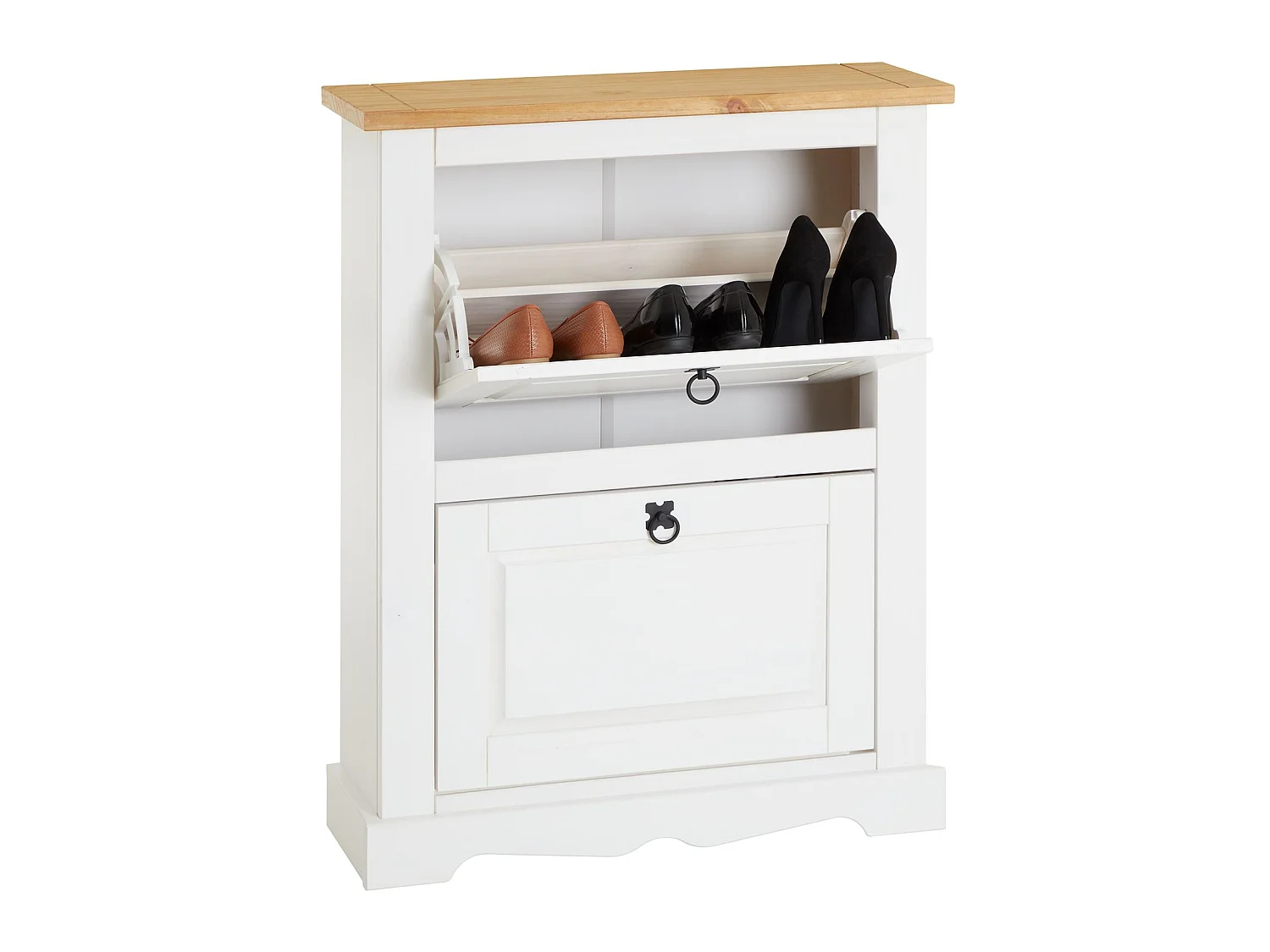 Meuble à chaussures TEQUILA style mexicain armoire à chaussures avec 2 abattants, en pin massif lasuré blanc et brun