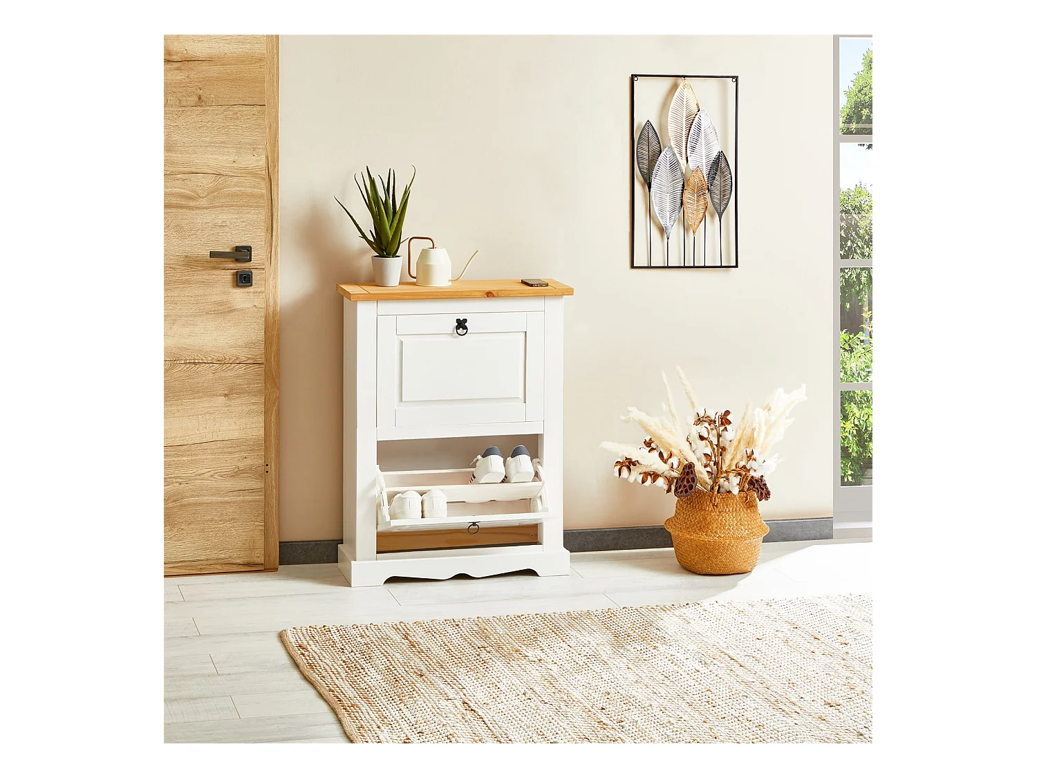 Meuble à chaussures TEQUILA style mexicain armoire à chaussures avec 2 abattants, en pin massif lasuré blanc et brun