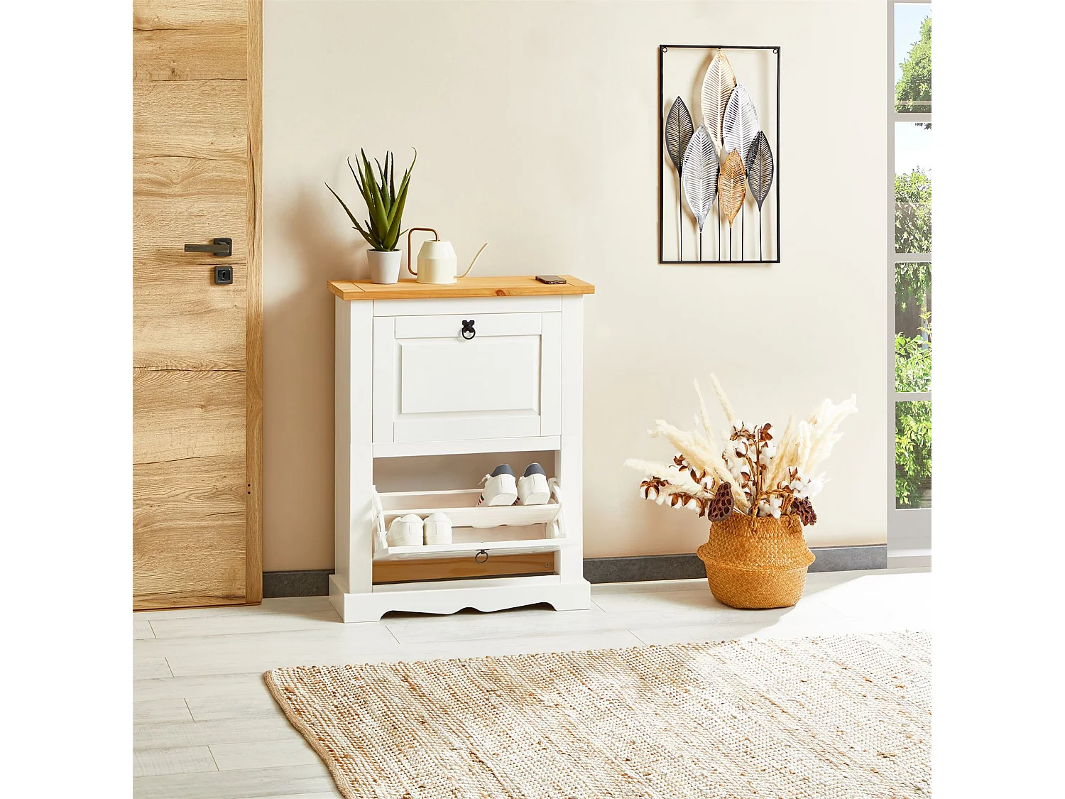 Meuble à chaussures TEQUILA style mexicain armoire à chaussures avec 2 abattants, en pin massif lasuré blanc et brun