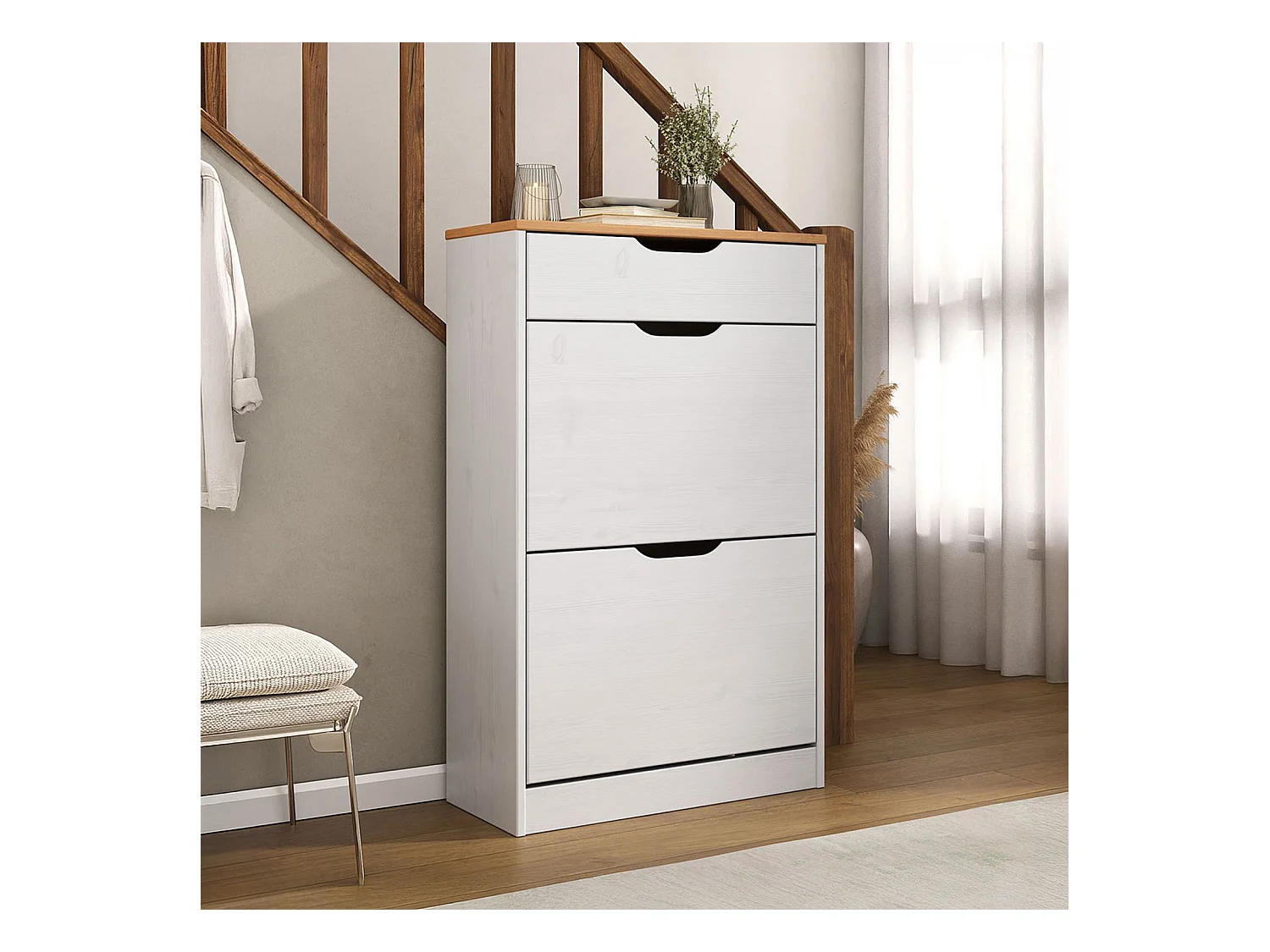 Meubles à chaussures BASIL rangement armoire avec 2 abattants et 1 tiroir, en pin massif lasuré blanc et brun