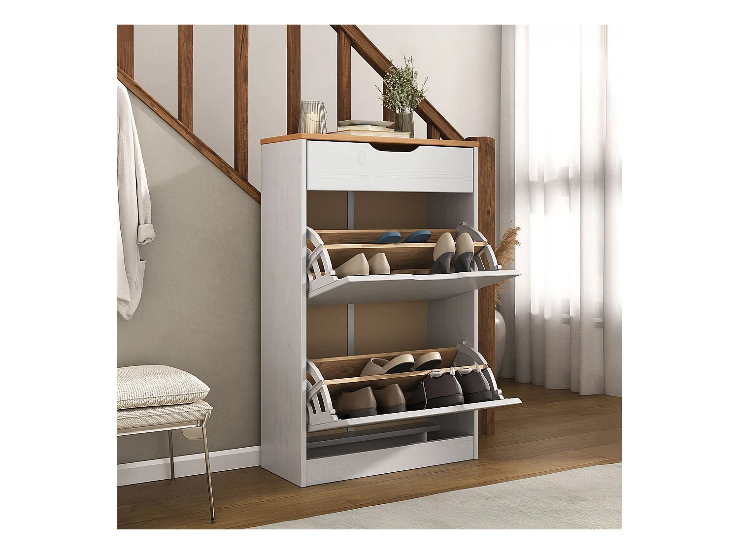 Meubles à chaussures BASIL rangement armoire avec 2 abattants et 1 tiroir, en pin massif lasuré blanc et brun