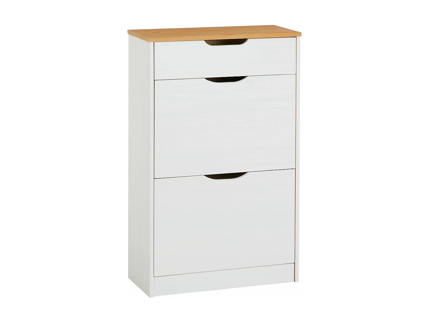 Meubles à chaussures BASIL rangement armoire avec 2 abattants et 1 tiroir, en pin massif lasuré blanc et brun