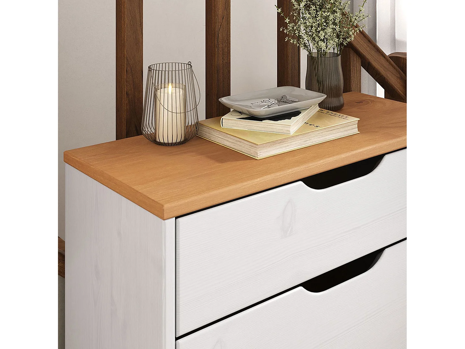 Meubles à chaussures BASIL rangement armoire avec 2 abattants et 1 tiroir, en pin massif lasuré blanc et brun