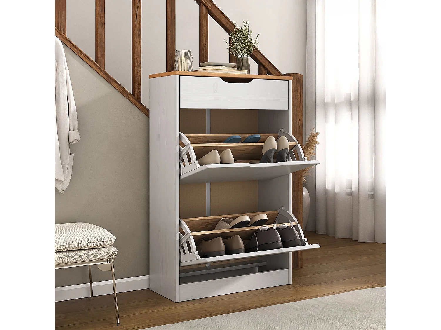 Meubles à chaussures BASIL rangement armoire avec 2 abattants et 1 tiroir, en pin massif lasuré blanc et brun