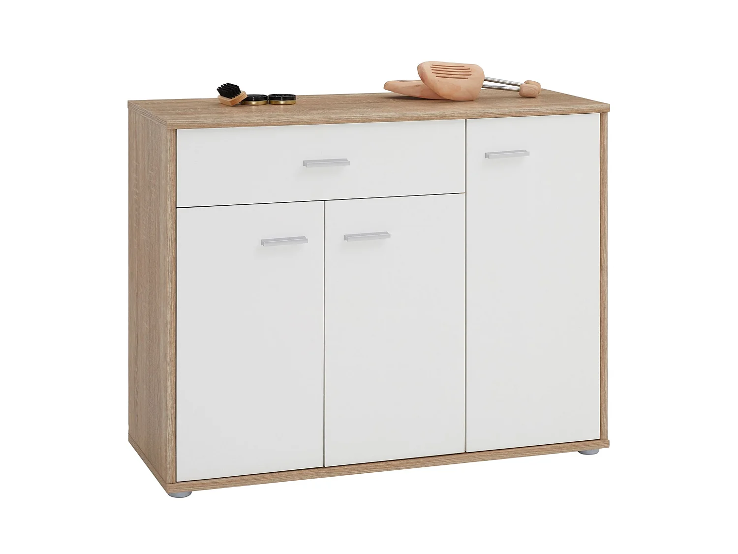 Meuble à chaussures CAMILLE, commode meuble de rangement avec 1 tiroir et 3 portes, en mélaminé décor chêne sonoma et blanc mat