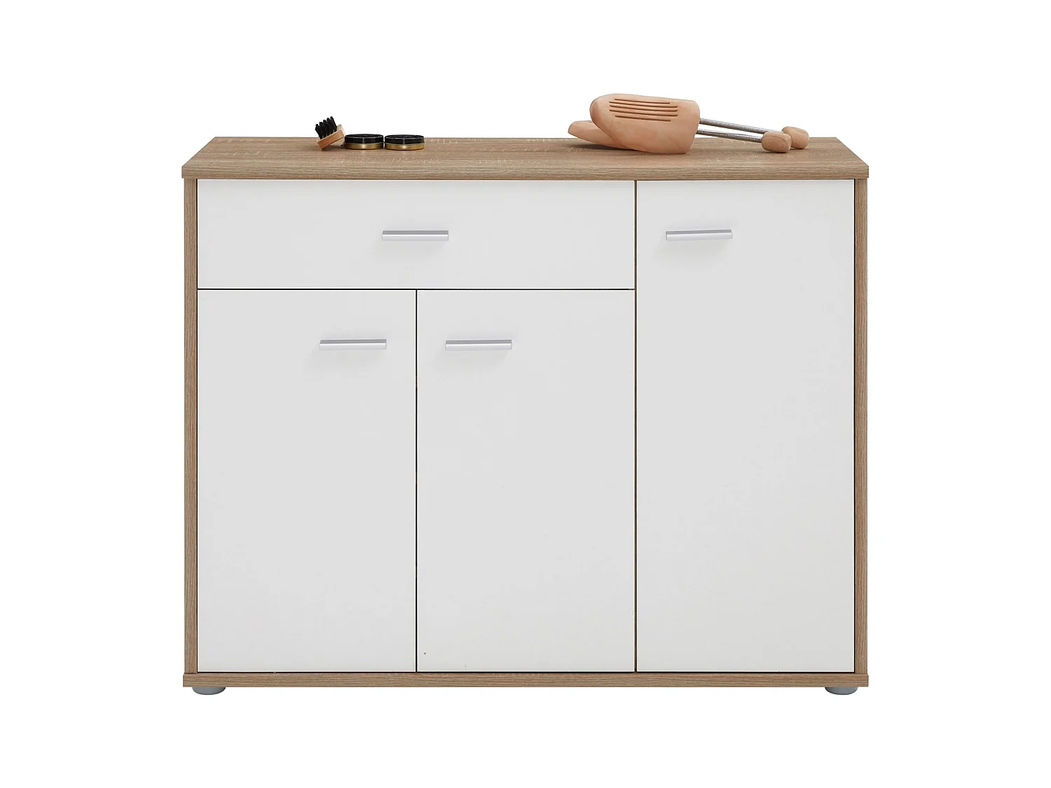 Meuble à chaussures CAMILLE, commode meuble de rangement avec 1 tiroir et 3 portes, en mélaminé décor chêne sonoma et blanc mat