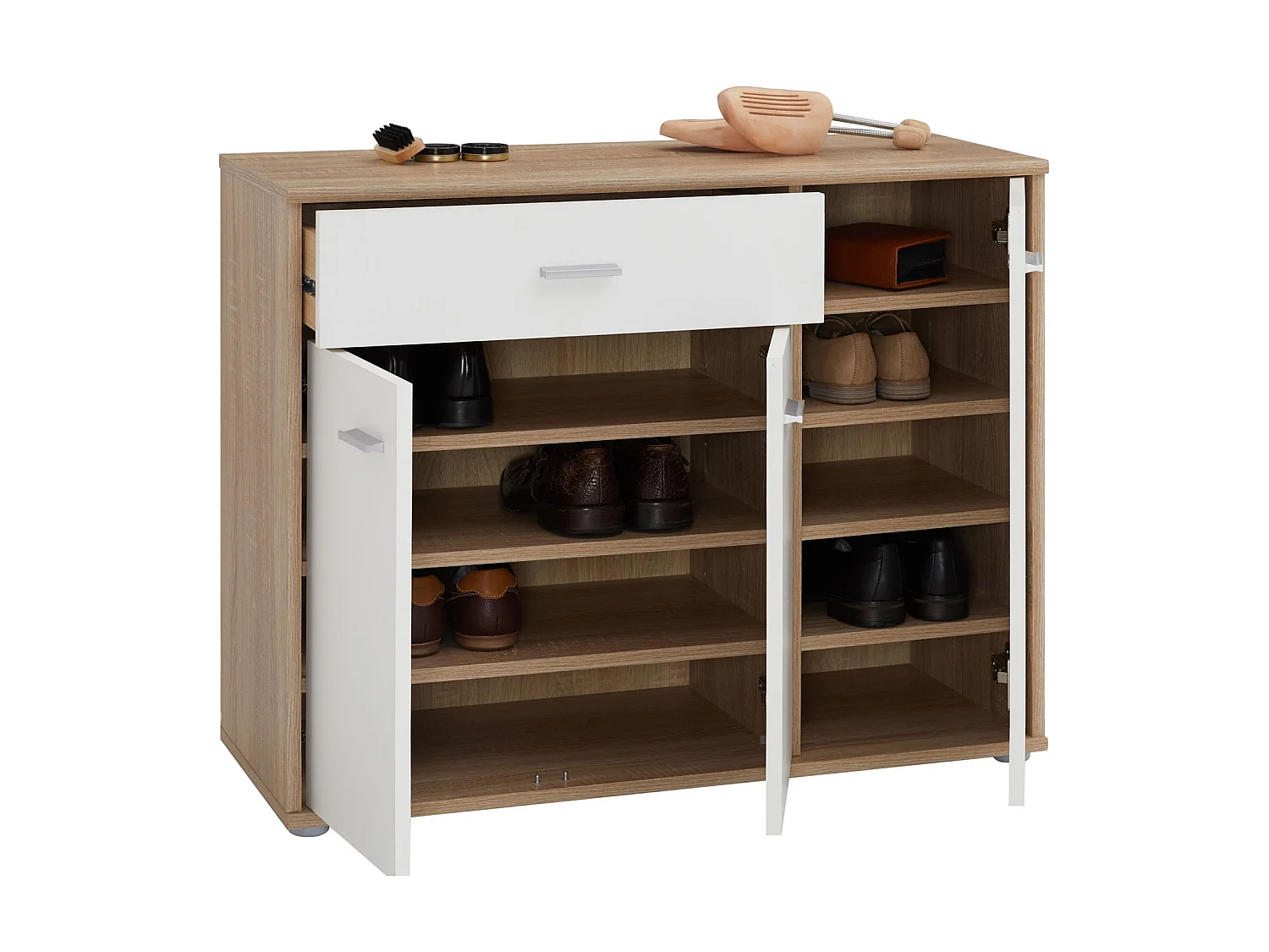 Meuble à chaussures CAMILLE, commode meuble de rangement avec 1 tiroir et 3 portes, en mélaminé décor chêne sonoma et blanc mat
