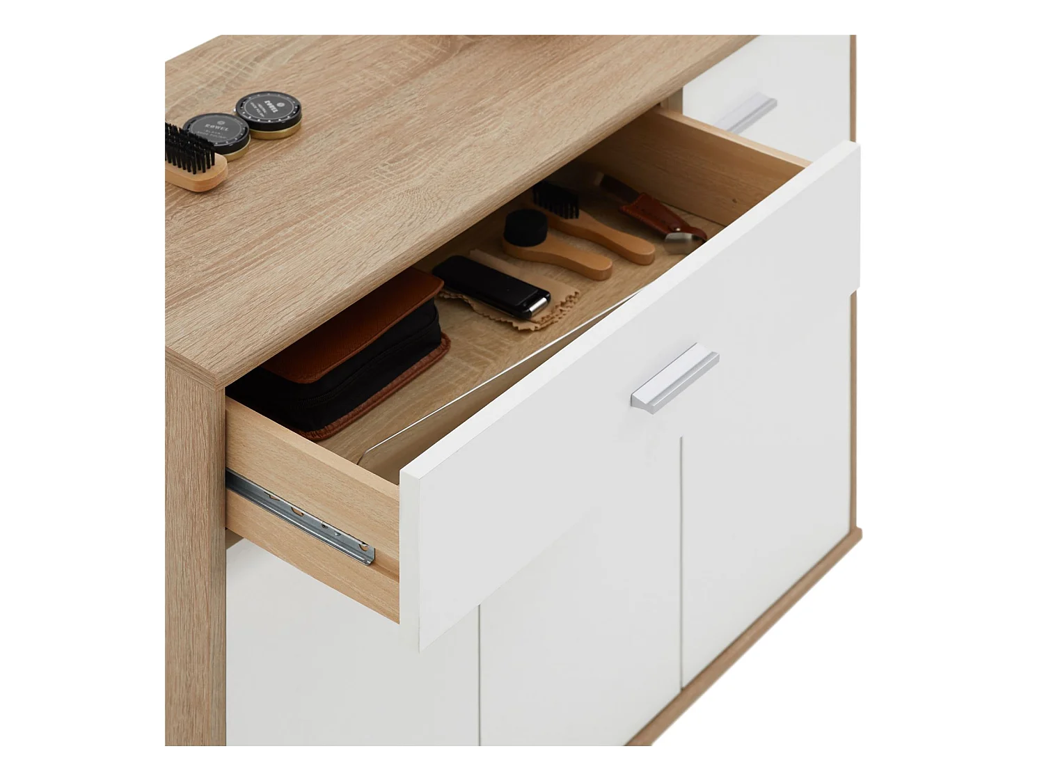 Meuble à chaussures CAMILLE, commode meuble de rangement avec 1 tiroir et 3 portes, en mélaminé décor chêne sonoma et blanc mat