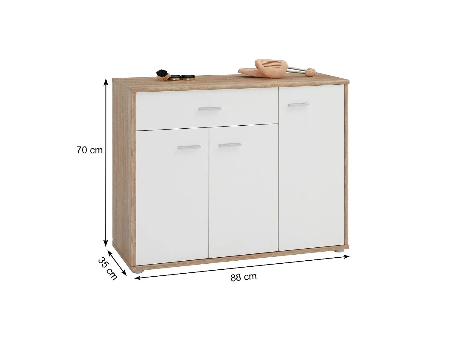 Meuble à chaussures CAMILLE, commode meuble de rangement avec 1 tiroir et 3 portes, en mélaminé décor chêne sonoma et blanc mat