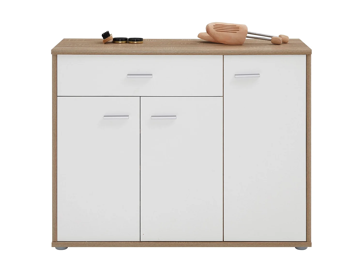 Meuble à chaussures CAMILLE, commode meuble de rangement avec 1 tiroir et 3 portes, en mélaminé décor chêne sonoma et blanc mat