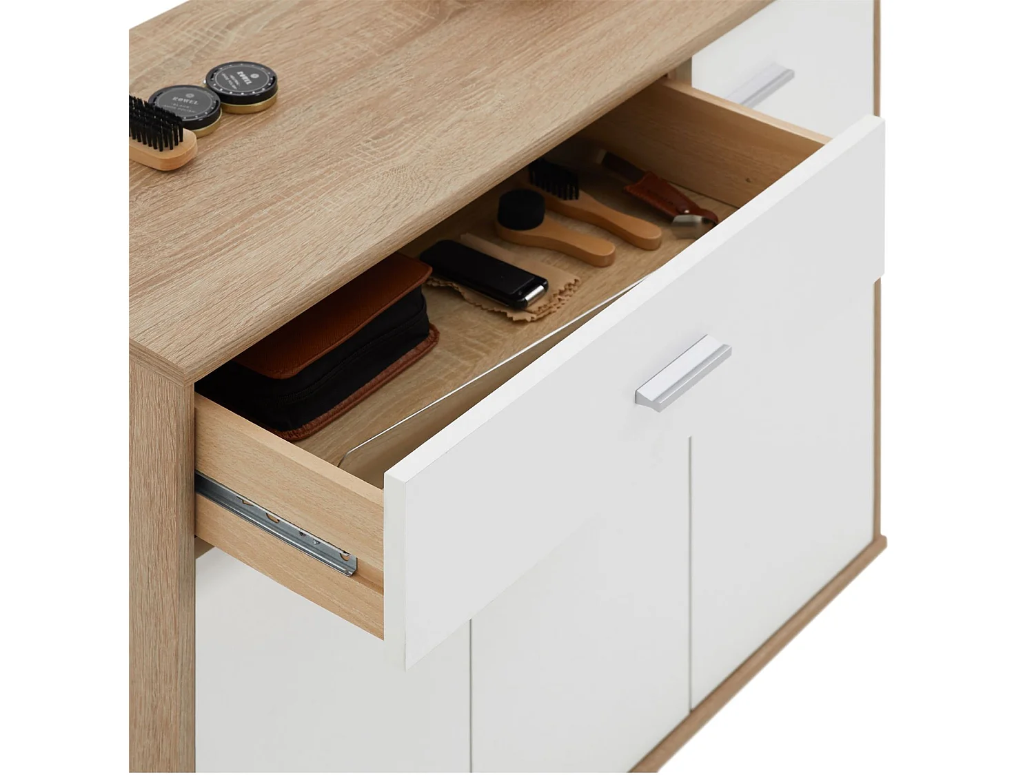 Meuble à chaussures CAMILLE, commode meuble de rangement avec 1 tiroir et 3 portes, en mélaminé décor chêne sonoma et blanc mat