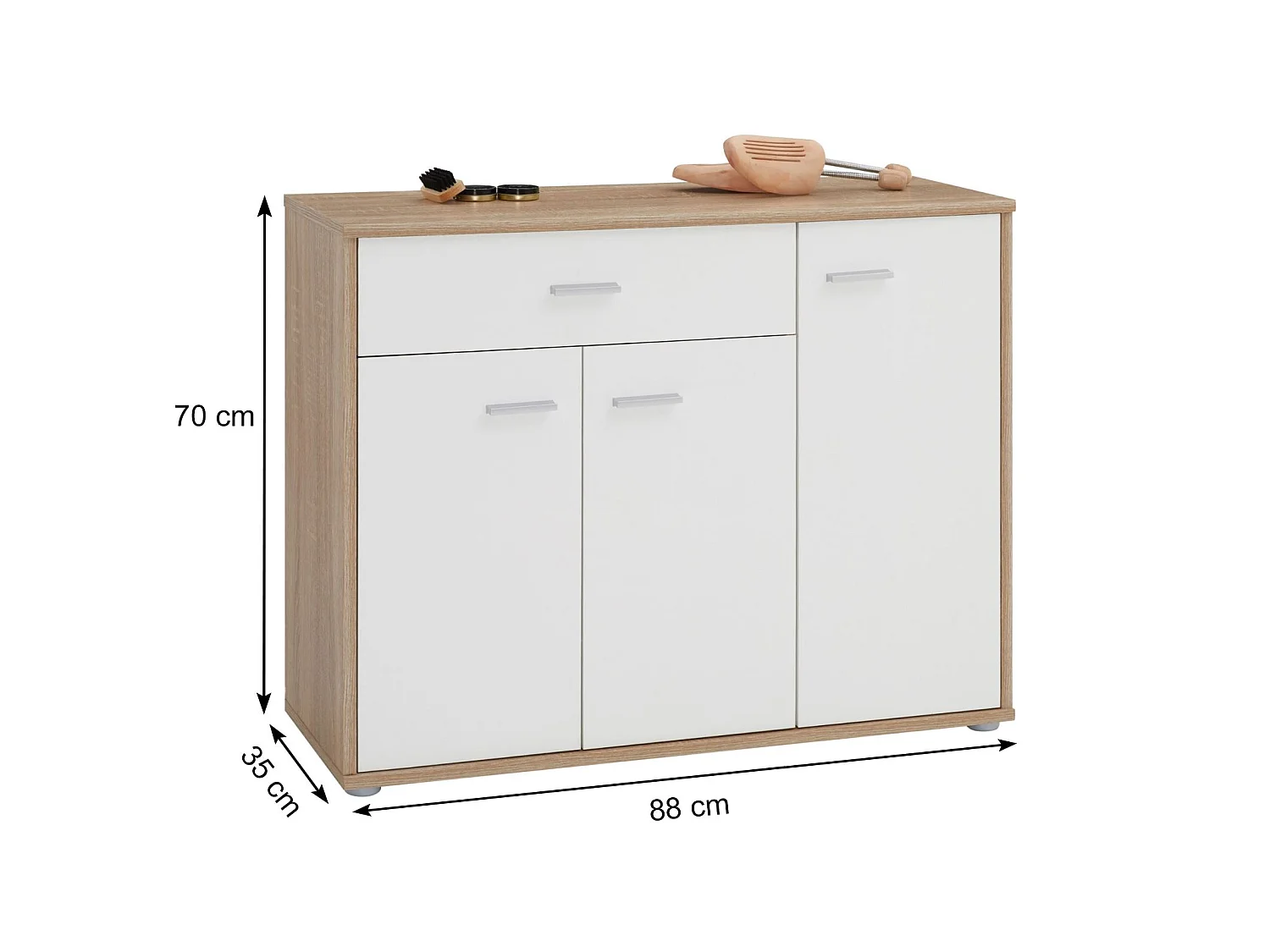 Meuble à chaussures CAMILLE, commode meuble de rangement avec 1 tiroir et 3 portes, en mélaminé décor chêne sonoma et blanc mat