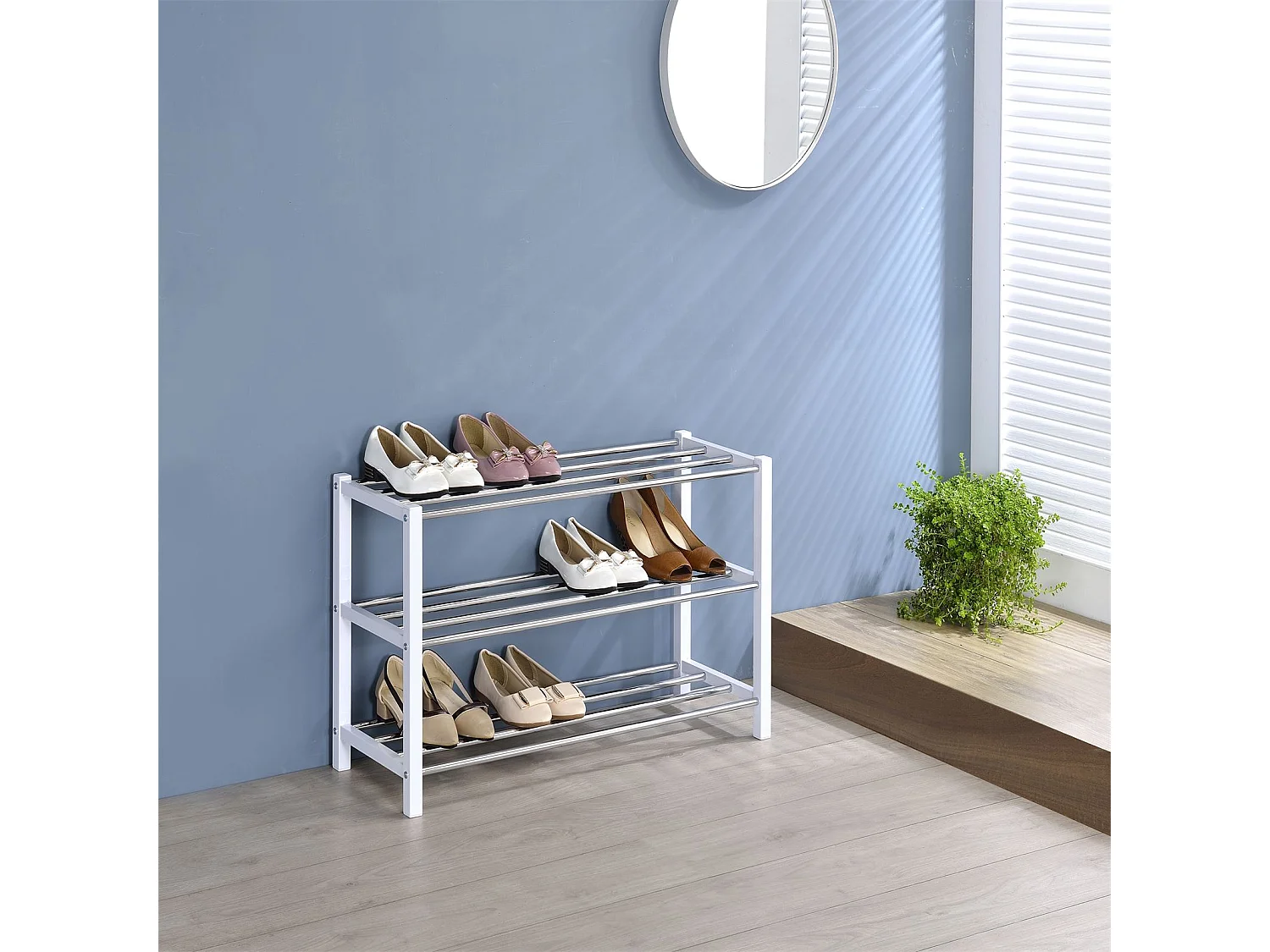 Étagère à chaussures DUBLIN rangement porte-chaussures avec 3 niveaux pour 12 paires en métal chromé et laqué blanc