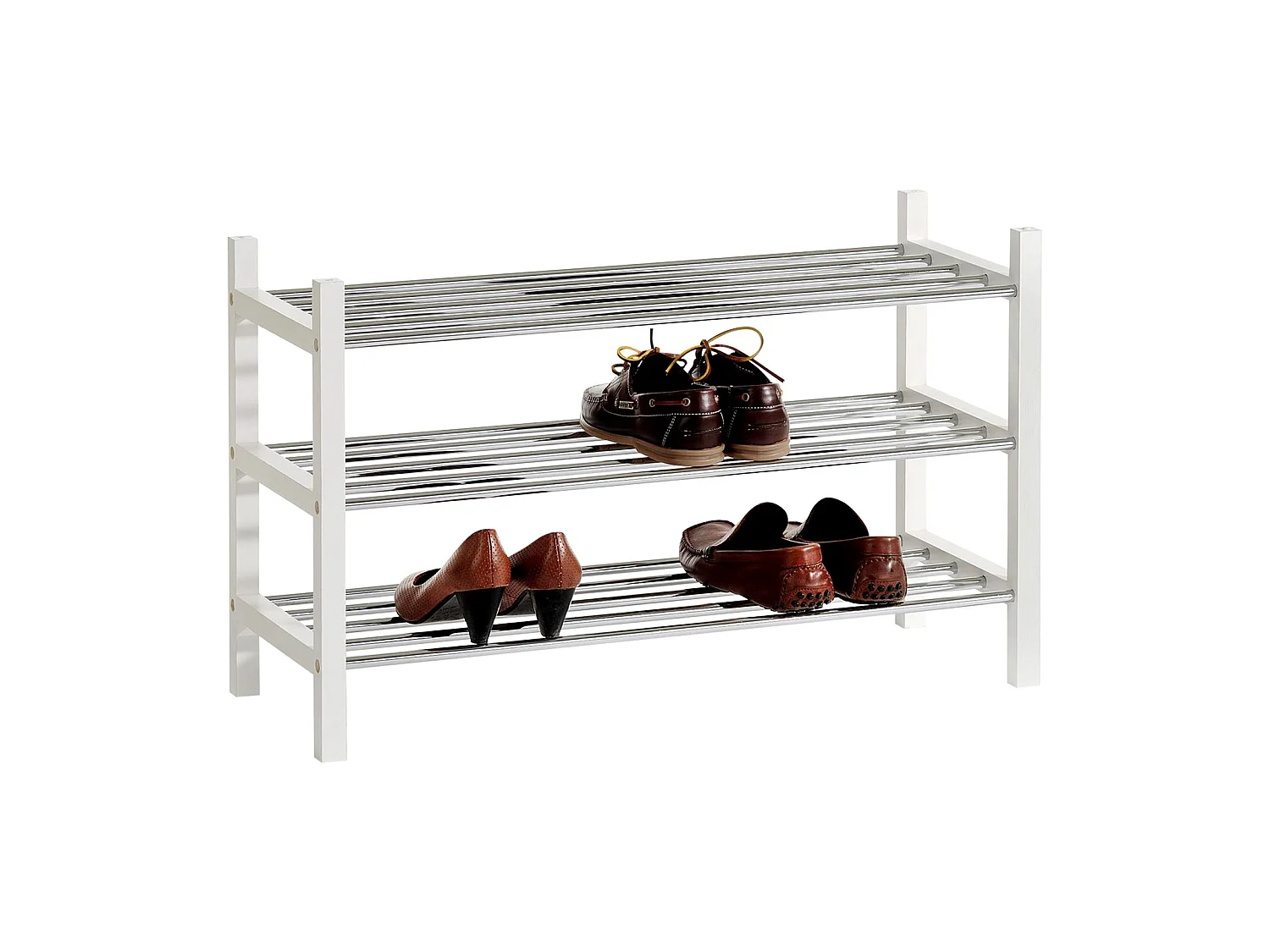 Etagère à chaussures RESA avec 3 tablettes pour 12 paires de chaussures, en pin massif lasuré blanc et métal