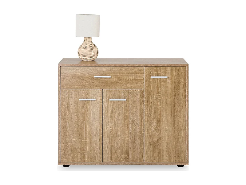 Meuble à chaussures CAMILLE, commode meuble de rangement avec 1 tiroir et 3 portes, en mélaminé décor chêne sonoma