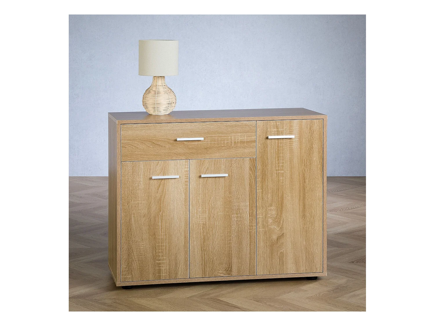 Meuble à chaussures CAMILLE, commode meuble de rangement avec 1 tiroir et 3 portes, en mélaminé décor chêne sonoma