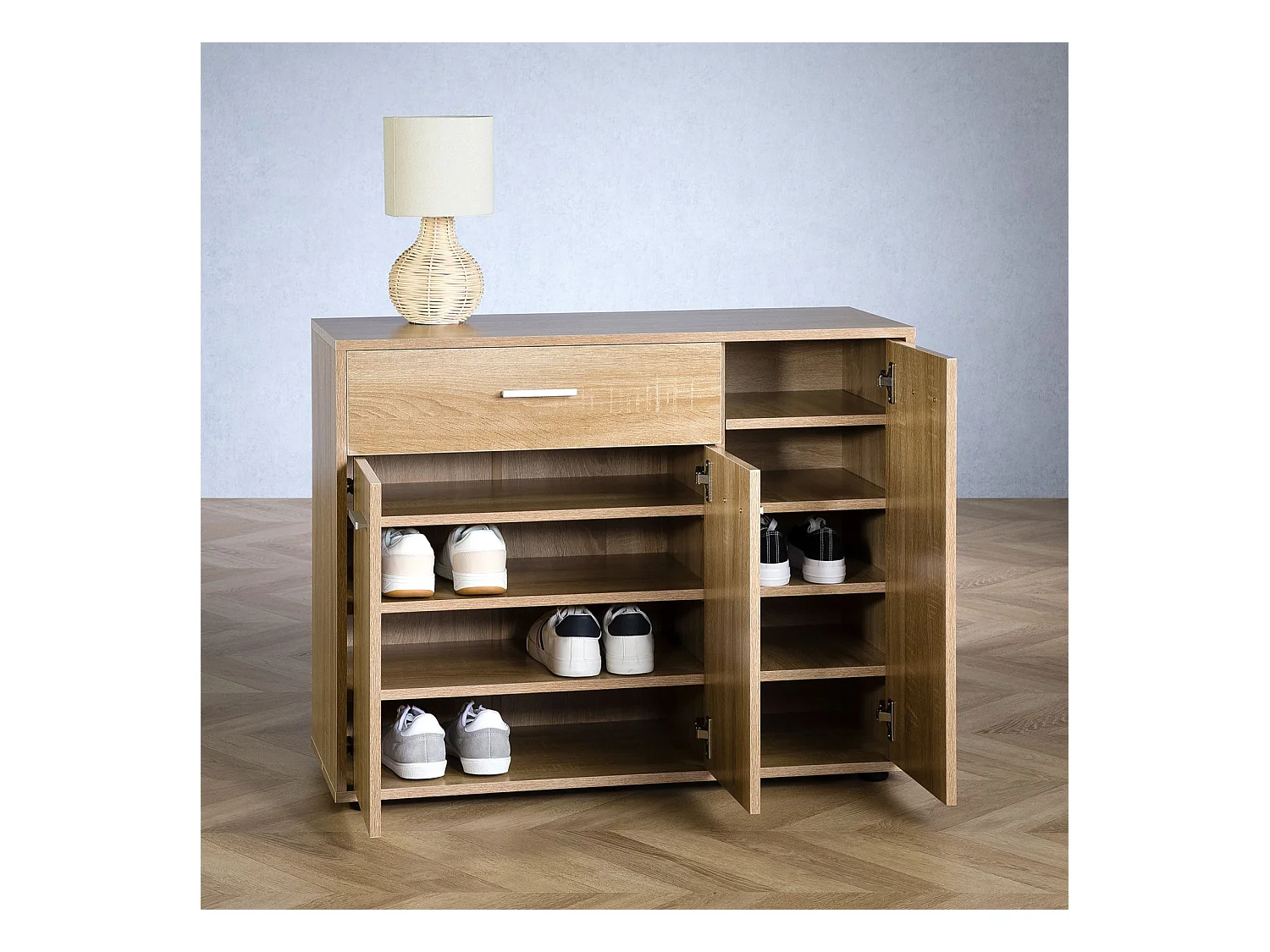 Meuble à chaussures CAMILLE, commode meuble de rangement avec 1 tiroir et 3 portes, en mélaminé décor chêne sonoma