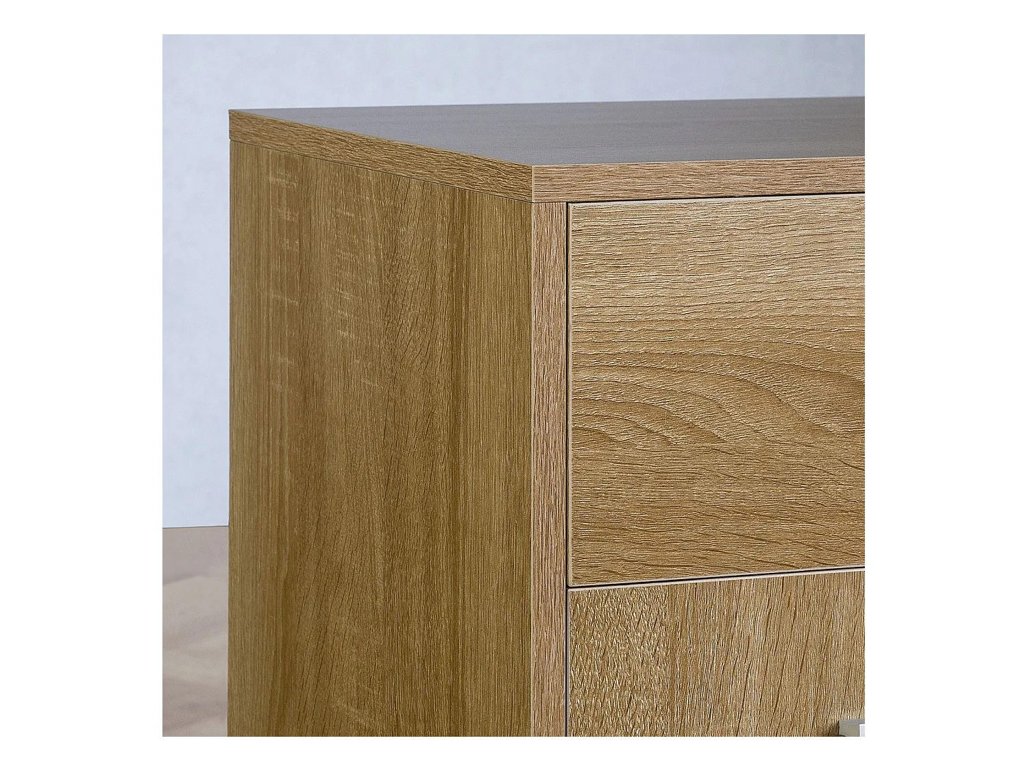 Meuble à chaussures CAMILLE, commode meuble de rangement avec 1 tiroir et 3 portes, en mélaminé décor chêne sonoma