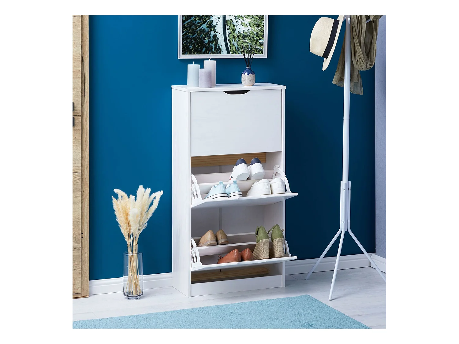 Meuble à chaussures BASIL armoire avec 3 abattants rangement pour 18 paires, en pin massif lasuré blanc style maison de campagne
