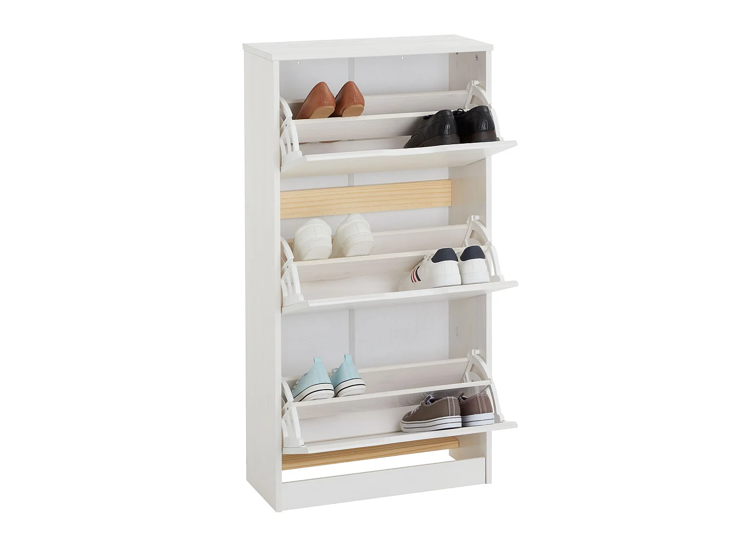 Meuble à chaussures BASIL armoire avec 3 abattants rangement pour 18 paires, en pin massif lasuré blanc style maison de campagne
