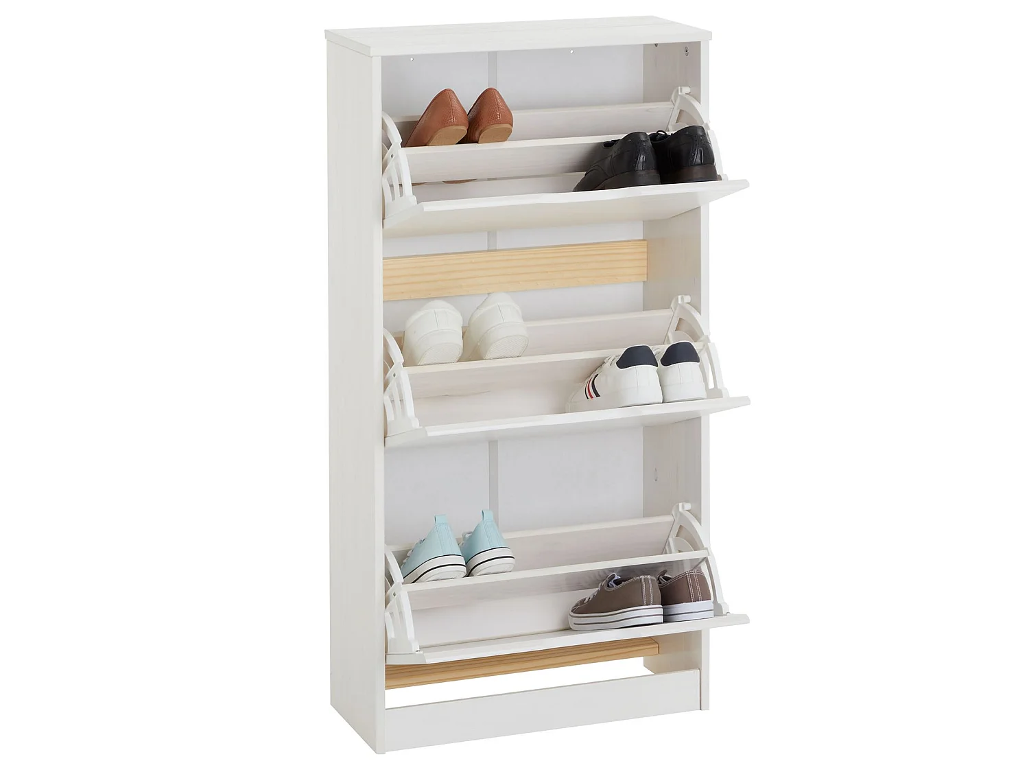Meuble à chaussures BASIL armoire avec 3 abattants rangement pour 18 paires, en pin massif lasuré blanc style maison de campagne