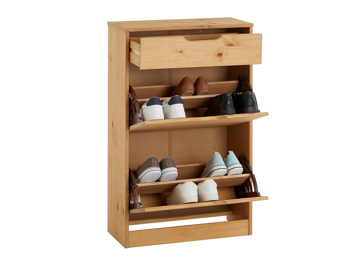 Meubles à chaussures BASIL rangement armoire avec 2 abattants et 1 tiroir, en pin massif lasuré brun