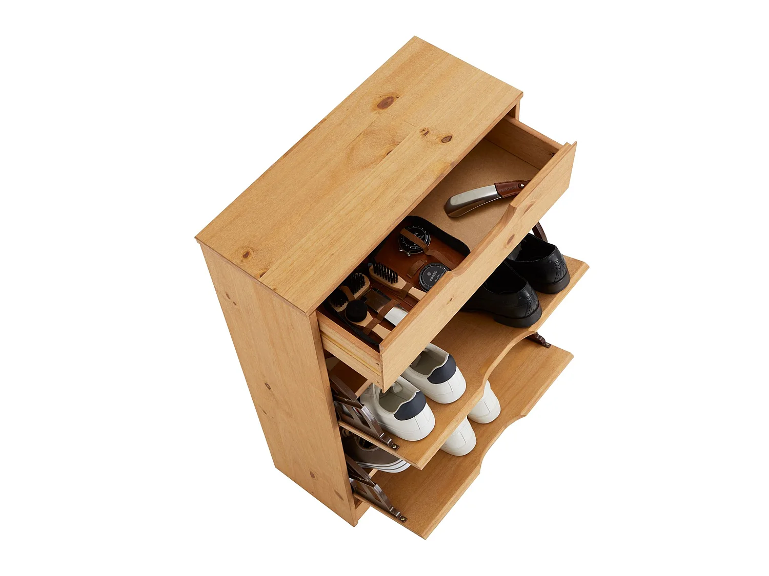 Meubles à chaussures BASIL rangement armoire avec 2 abattants et 1 tiroir, en pin massif lasuré brun