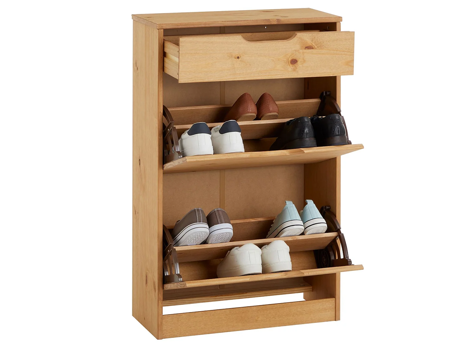 Meubles à chaussures BASIL rangement armoire avec 2 abattants et 1 tiroir, en pin massif lasuré brun