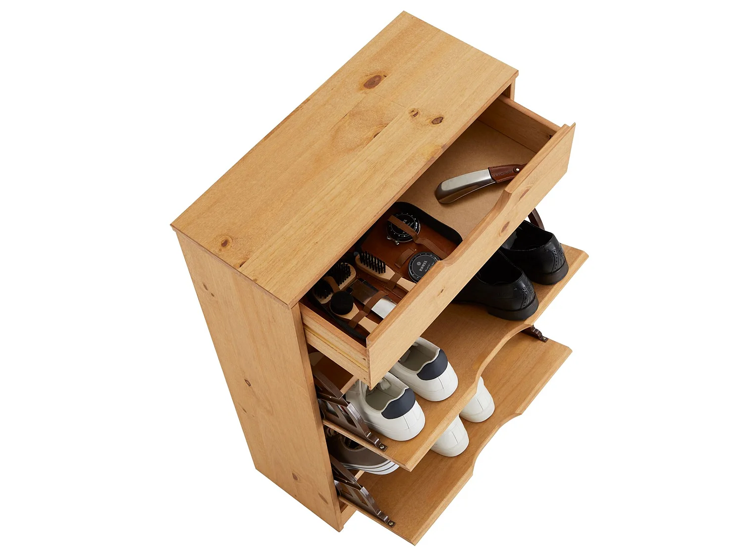 Meubles à chaussures BASIL rangement armoire avec 2 abattants et 1 tiroir, en pin massif lasuré brun