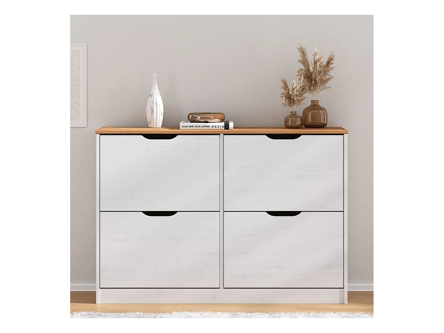 Meuble à chaussures BASIL armoire avec 2 x 2 abattants rangement pour 24 paires, en pin massif lasuré blanc et brun