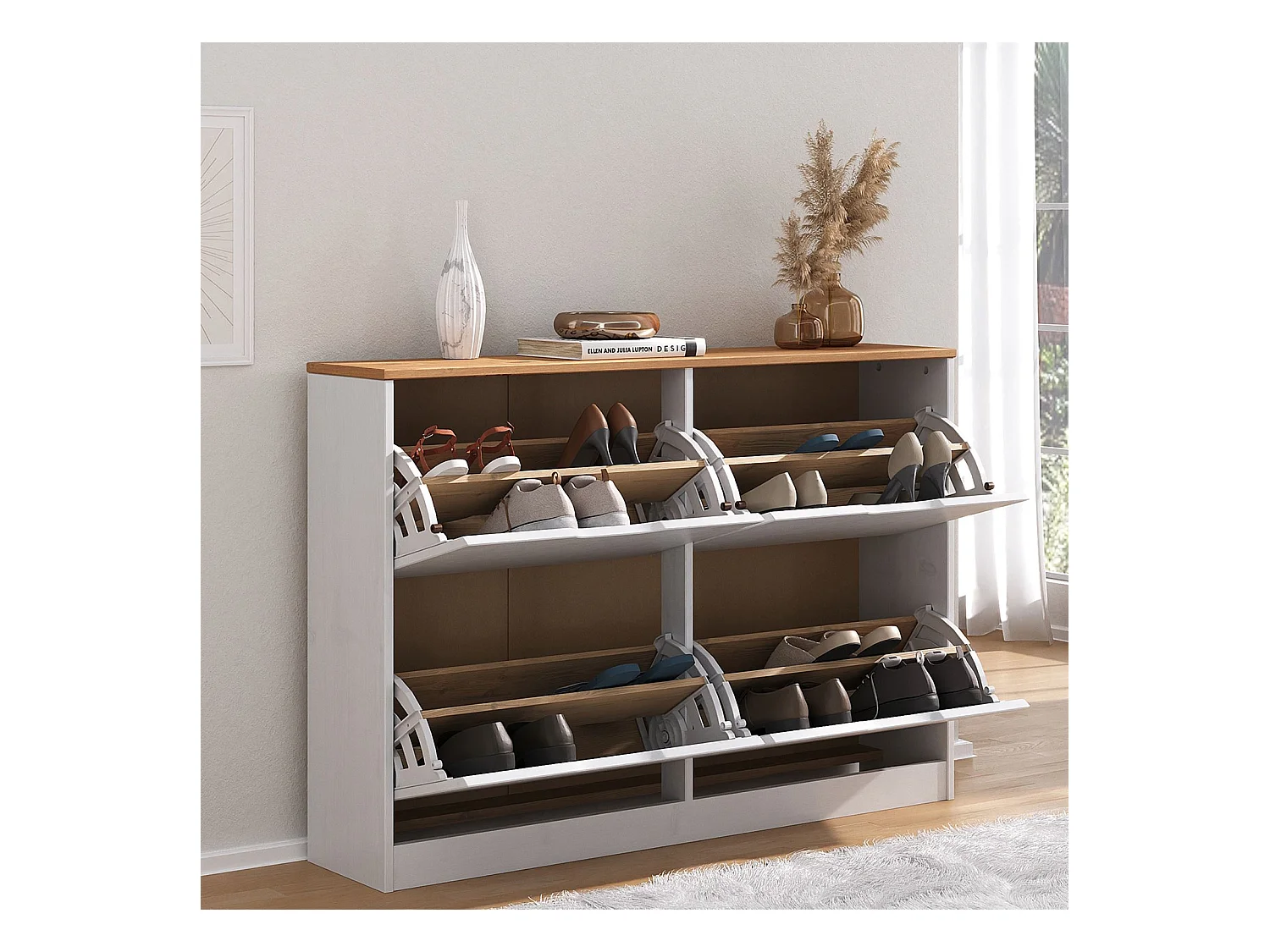Meuble à chaussures BASIL armoire avec 2 x 2 abattants rangement pour 24 paires, en pin massif lasuré blanc et brun