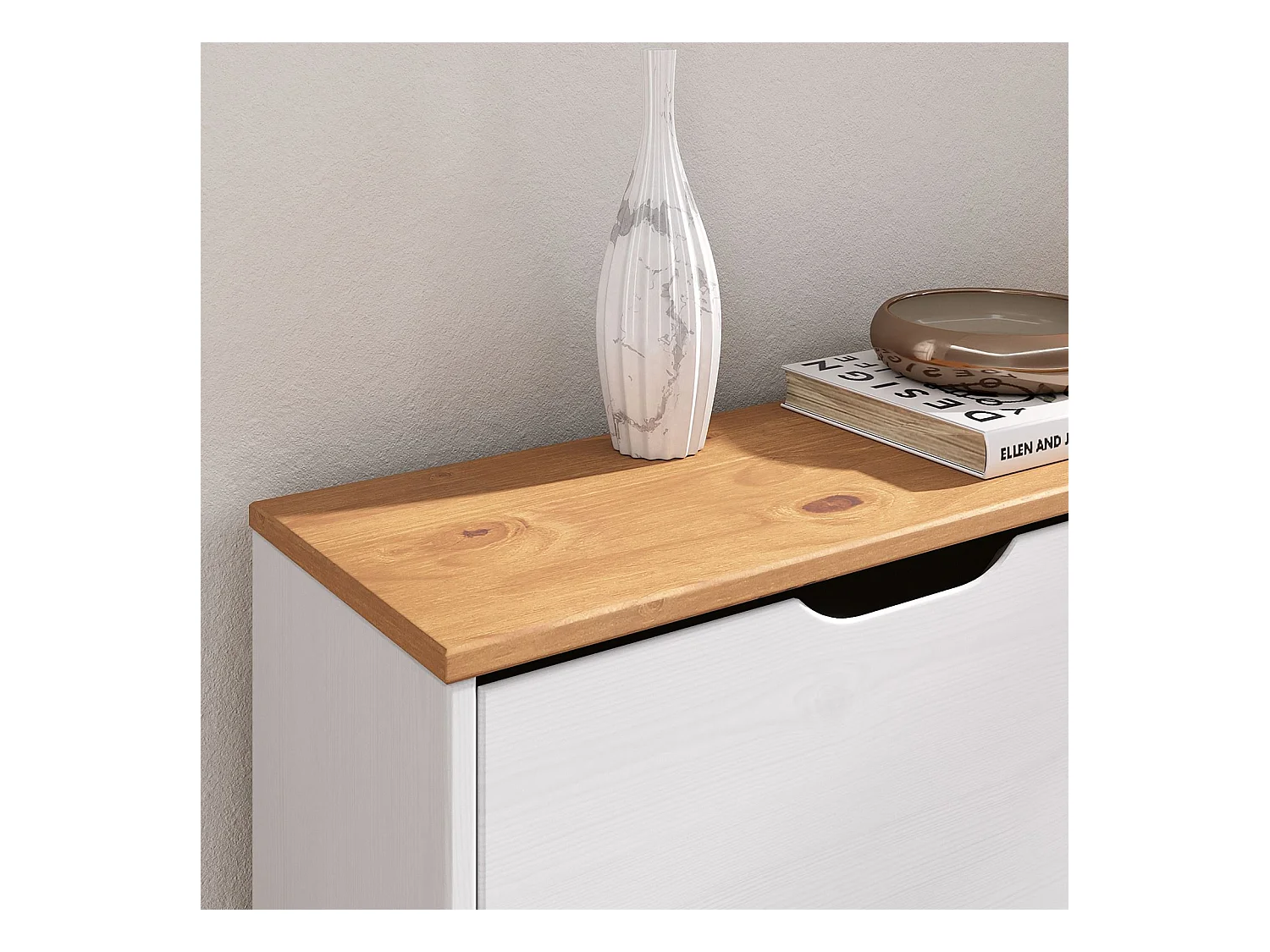 Meuble à chaussures BASIL armoire avec 2 x 2 abattants rangement pour 24 paires, en pin massif lasuré blanc et brun