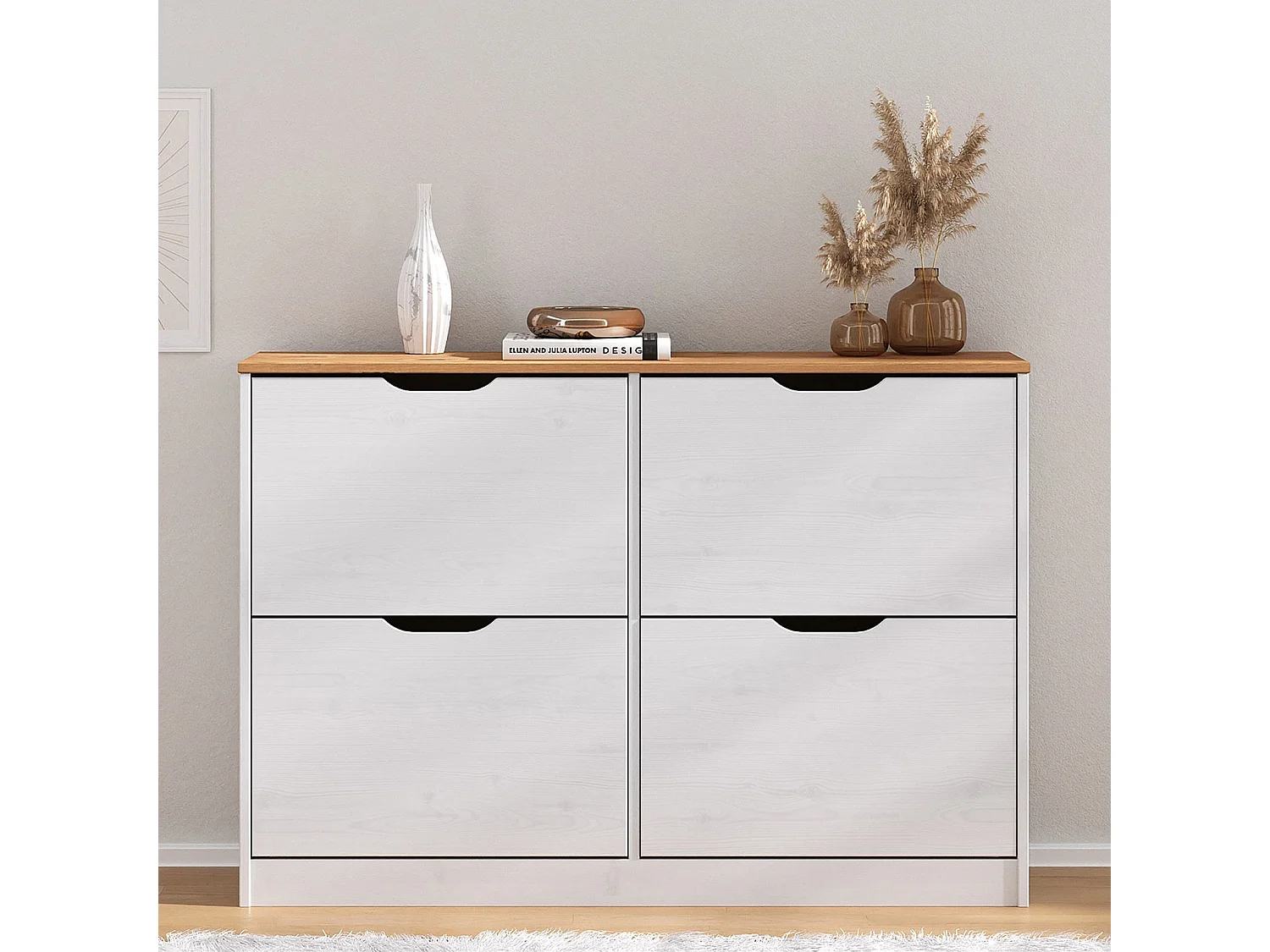 Meuble à chaussures BASIL armoire avec 2 x 2 abattants rangement pour 16 paires, en pin massif lasuré blanc et brun