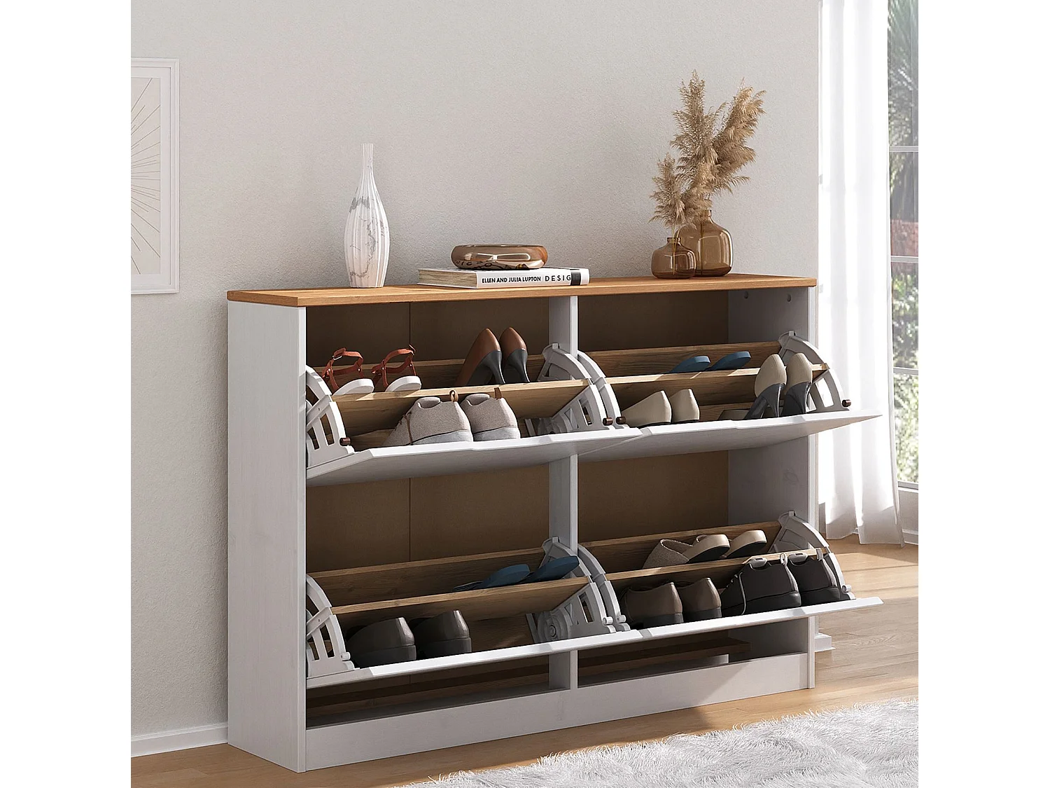 Meuble à chaussures BASIL armoire avec 2 x 2 abattants rangement pour 16 paires, en pin massif lasuré blanc et brun