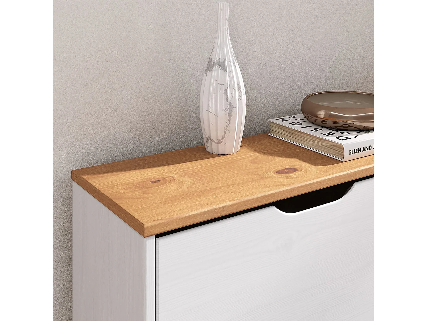 Meuble à chaussures BASIL armoire avec 2 x 2 abattants rangement pour 16 paires, en pin massif lasuré blanc et brun