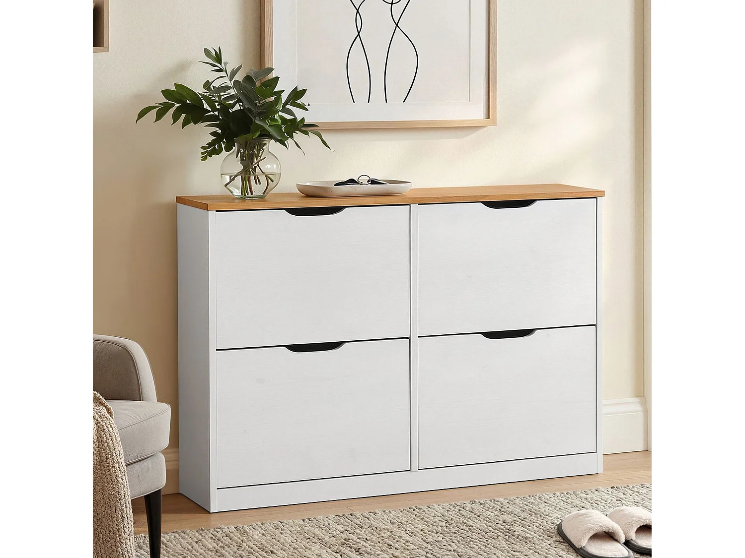 Meuble à chaussures BASIL armoire avec 2 x 2 abattants rangement pour 16 paires, en pin massif lasuré blanc et brun