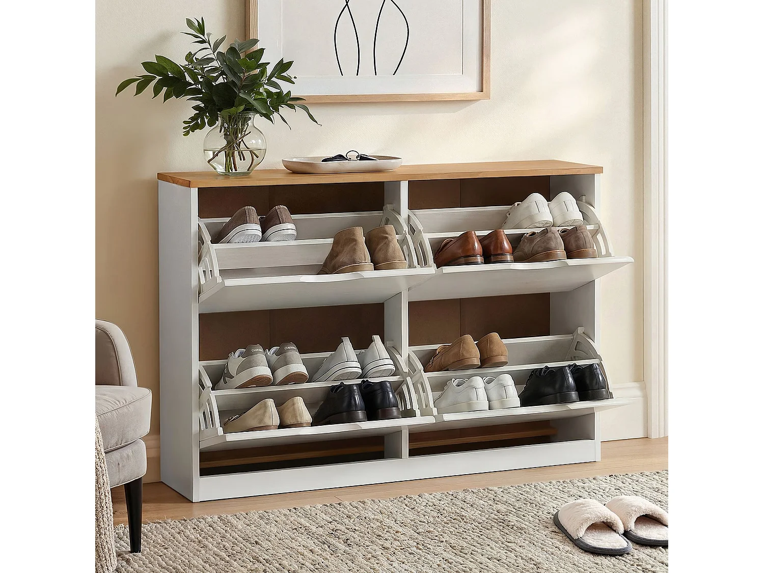 Meuble à chaussures BASIL armoire avec 2 x 2 abattants rangement pour 16 paires, en pin massif lasuré blanc et brun
