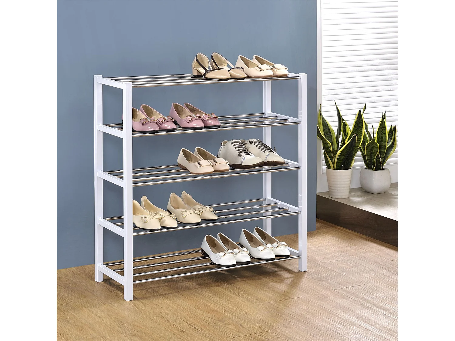 Etagère à chaussures DUBLIN rangement porte-chaussures avec 5 niveaux pour 20 paires en métal chromé et laqué noir