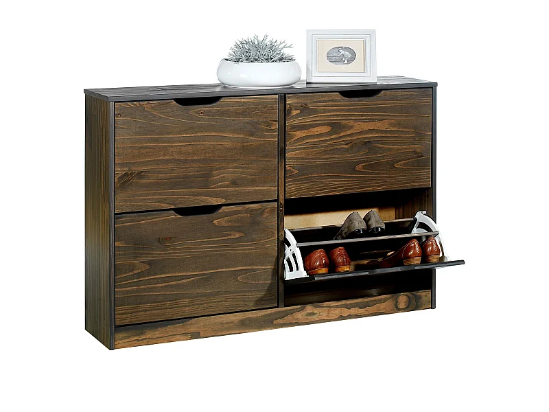 Meuble à chaussures BASIL armoire avec 2 x 2 abattants rangement pour 24 paires, en pin massif lasuré gris