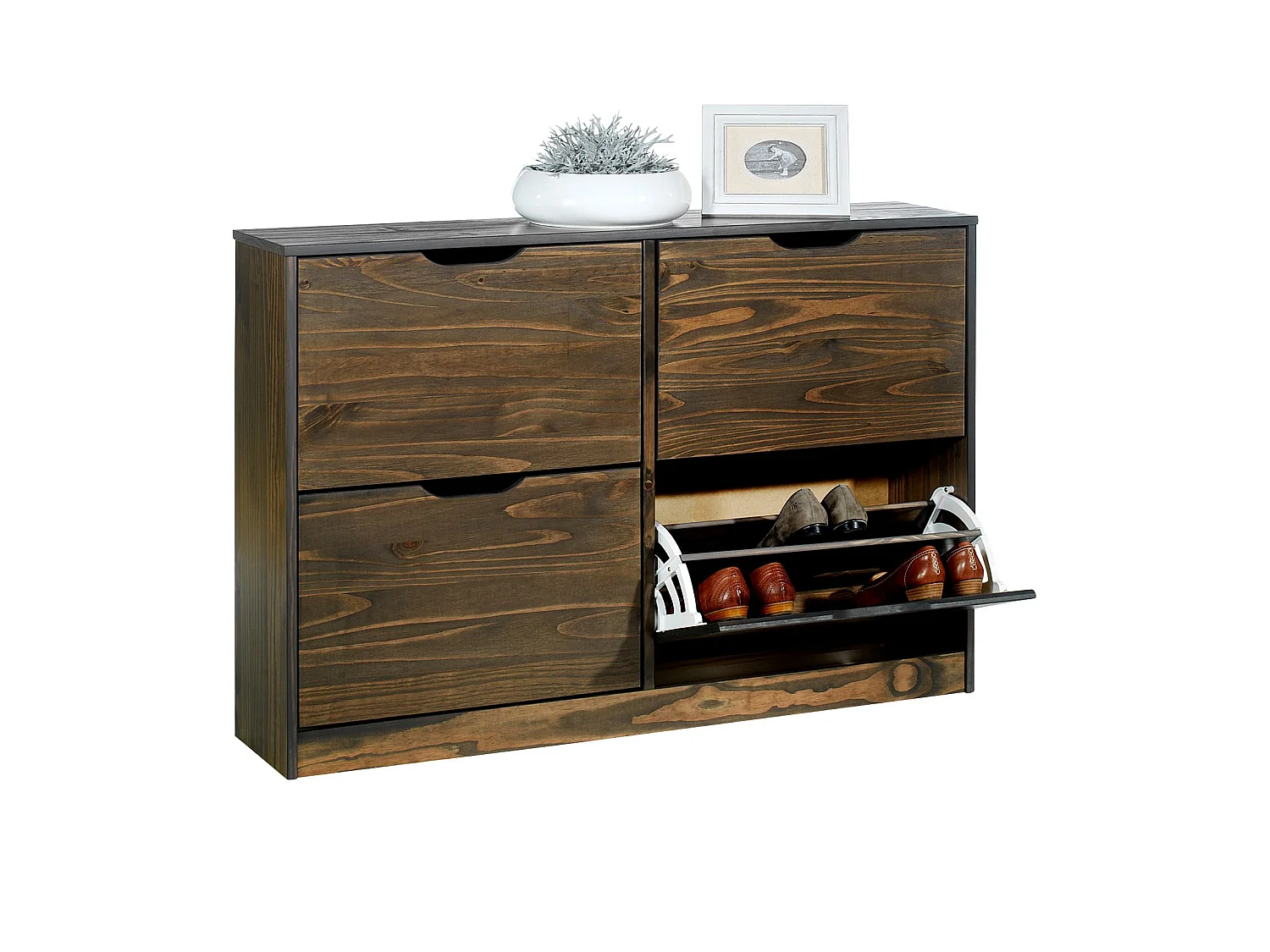 Meuble à chaussures BASIL armoire avec 2 x 2 abattants rangement pour 24 paires, en pin massif lasuré gris