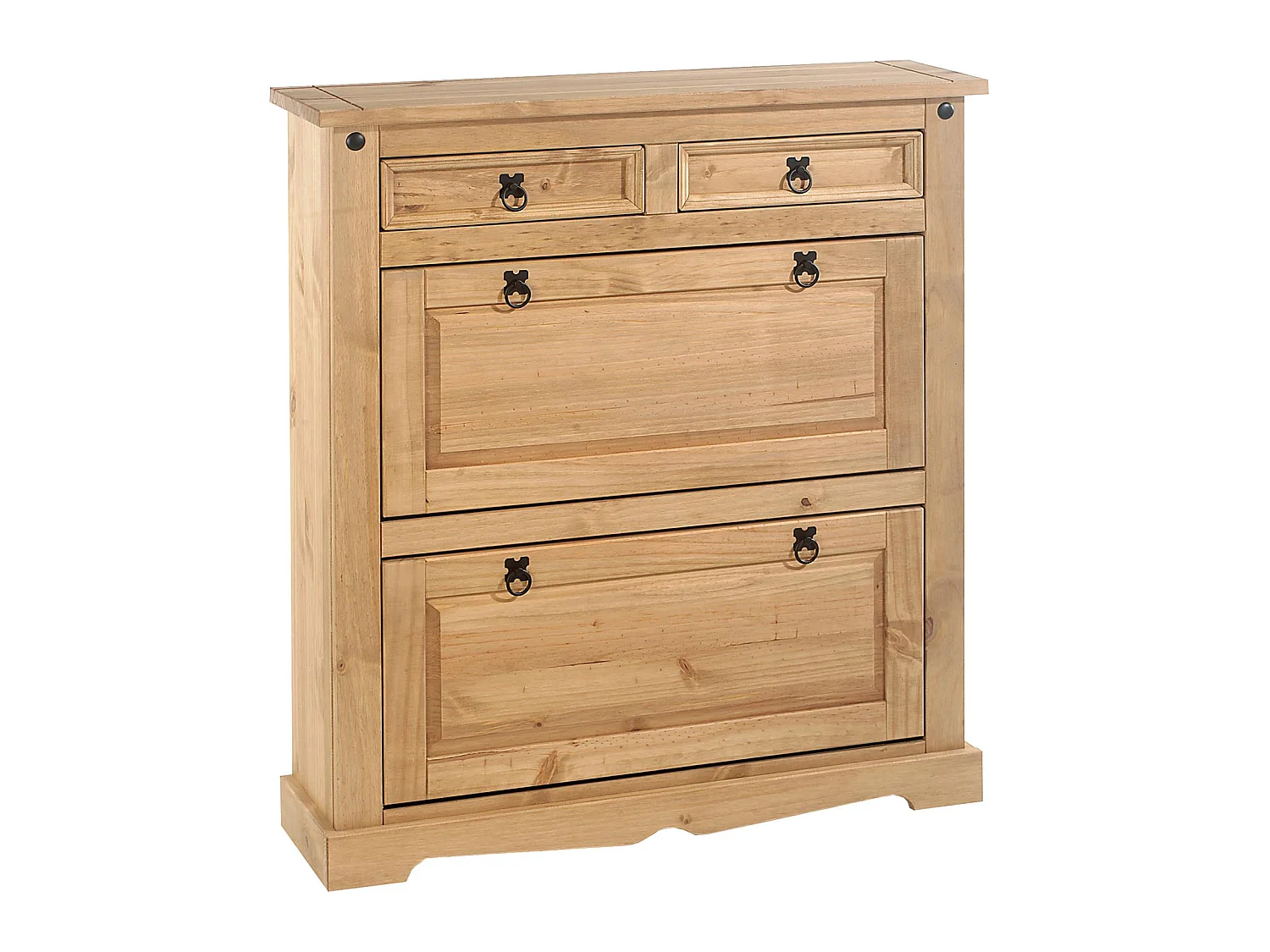 Meuble à chaussures TEQUILA style mexicain armoire 2 abattants et 2 tiroirs rangement 16 paires, pin massif finition teintée/cirée