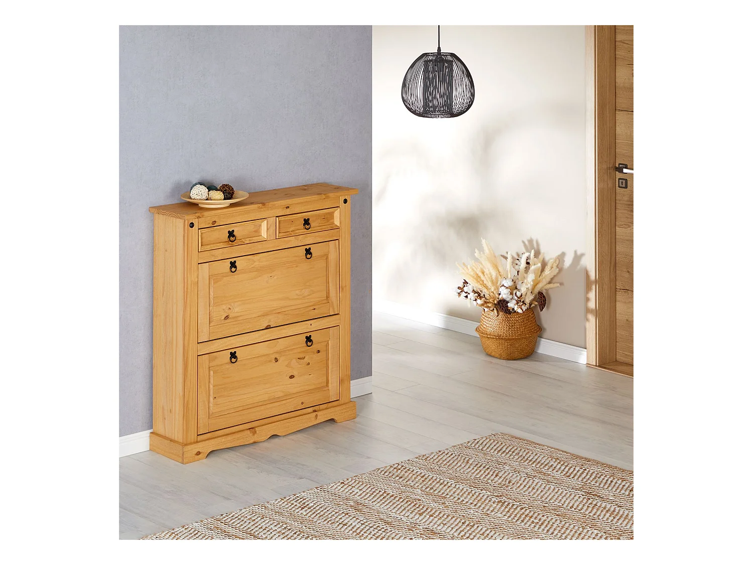 Meuble à chaussures TEQUILA style mexicain armoire 2 abattants et 2 tiroirs rangement 16 paires, pin massif finition teintée/cirée